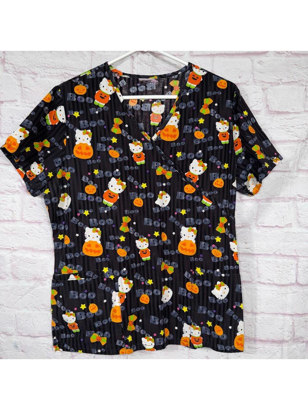 Halloween Hello Kitty Medium Print Women's Scrub Top